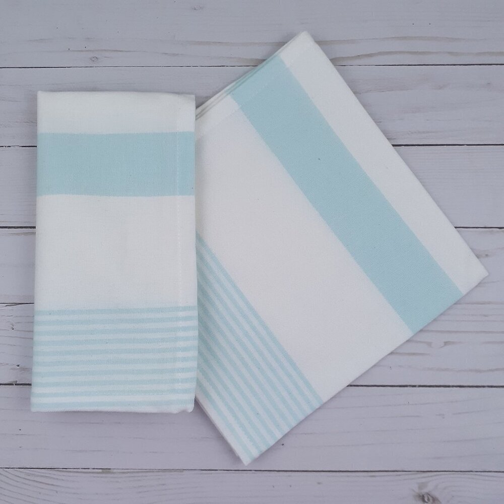 Fabric Dinner Napkins Striped Teal White 18x18 Set of 4